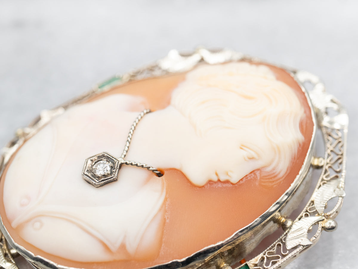White Gold Cameo, Diamond, and Green Glass Brooch or Pendant