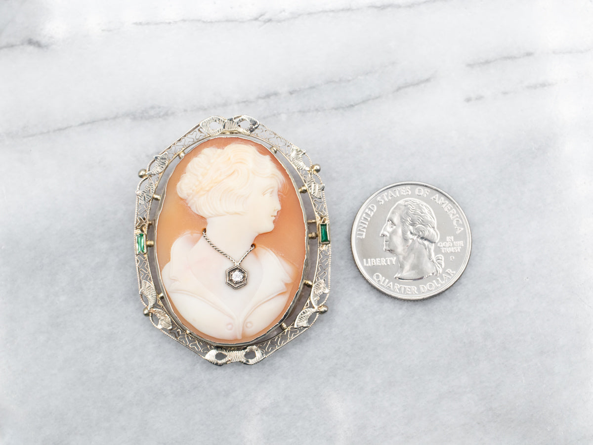 White Gold Cameo, Diamond, and Green Glass Brooch or Pendant