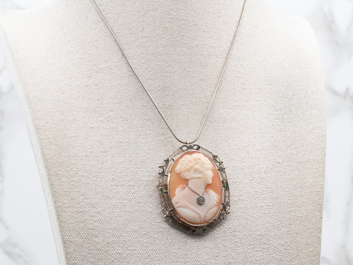 White Gold Cameo, Diamond, and Green Glass Brooch or Pendant