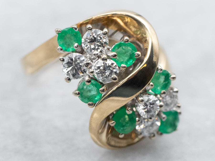 Modernist Gold Emerald and Diamond Bypass Ring