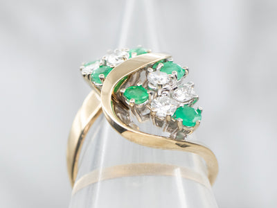 Modernist Gold Emerald and Diamond Bypass Ring