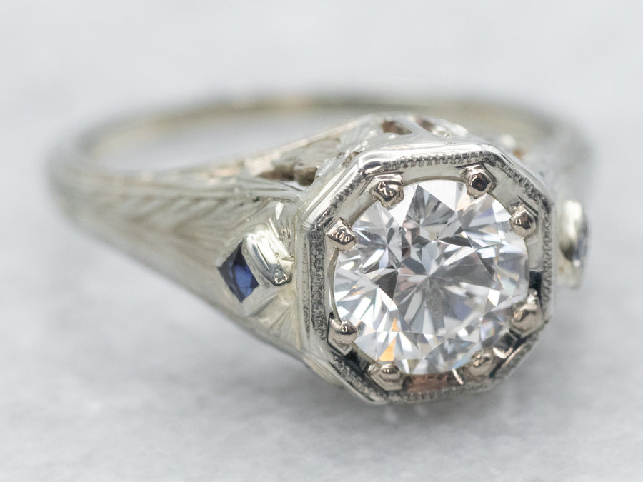 Art Deco Diamond Synthetic Sapphire Engagement Ring