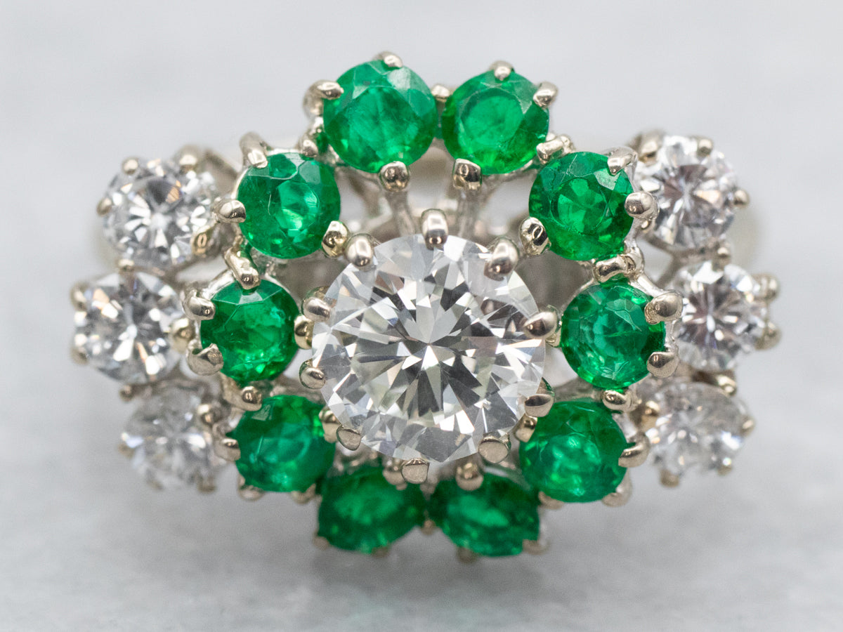 Modern Diamond and Emerald Halo Engagement Ring
