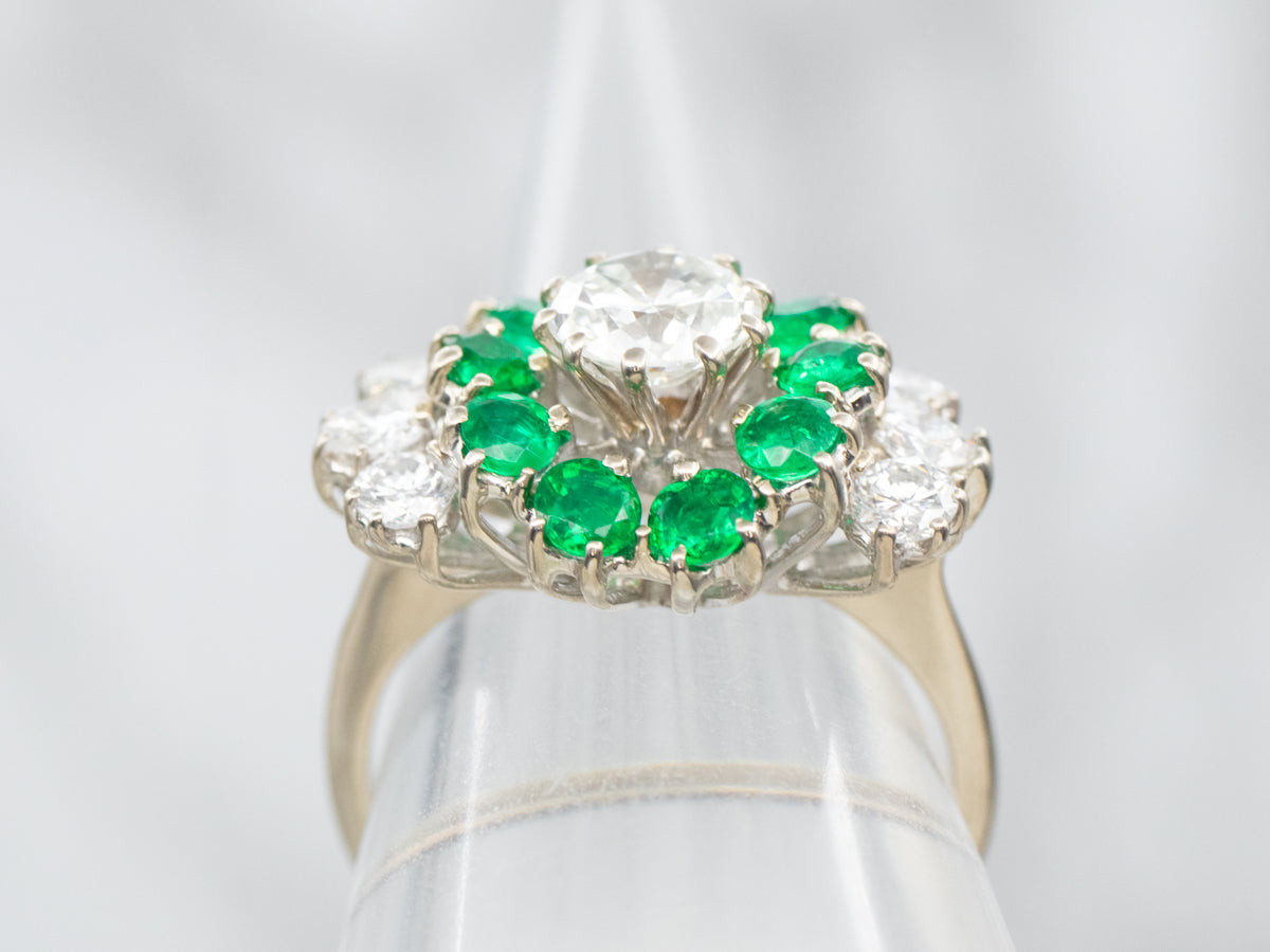 Modern Diamond and Emerald Halo Engagement Ring