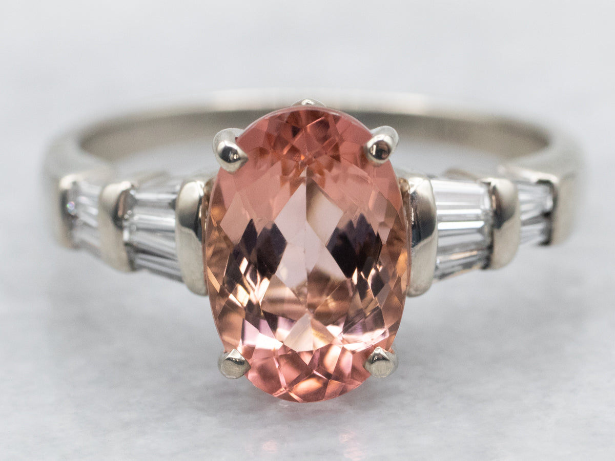 White Gold Peach-Pink Tourmaline Diamond Ring