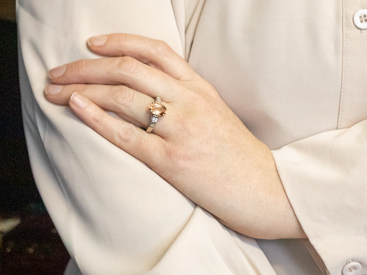 White Gold Peach-Pink Tourmaline Diamond Ring