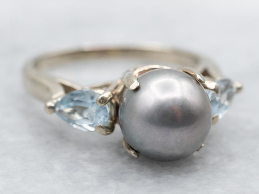 Grey Saltwater Pearl Ring with Pear Cut Aquamarine Accents