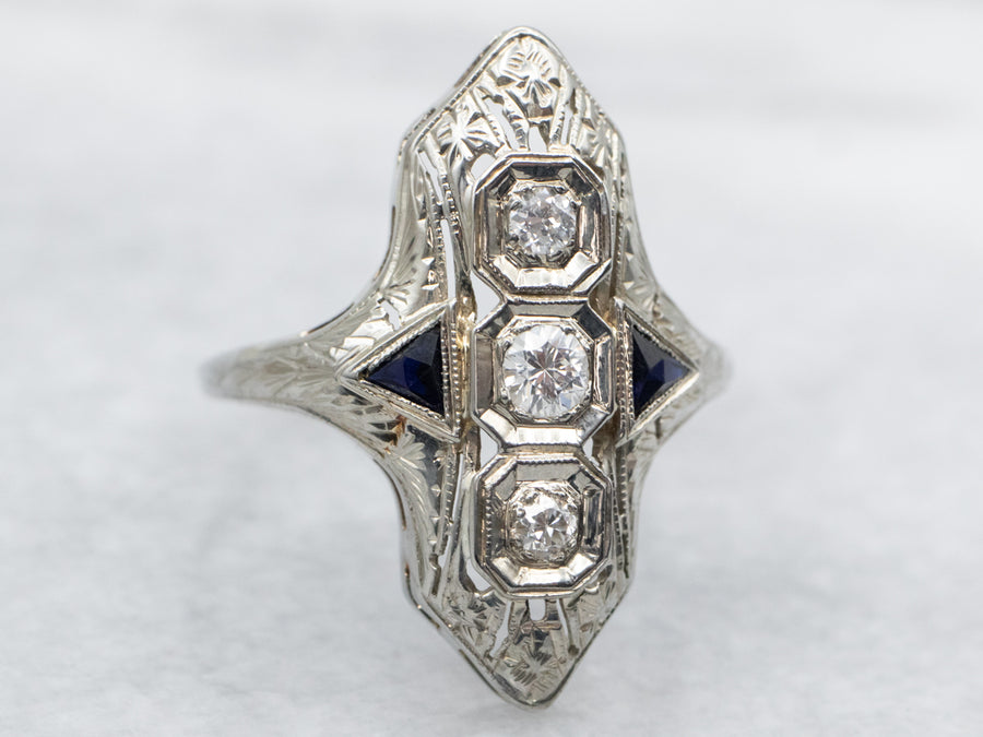 Art Deco European Cut Diamond Dinner Ring with Sapphire Accents