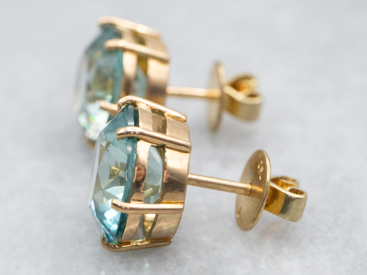 Round Cut Blue Zircon Stud Earrings