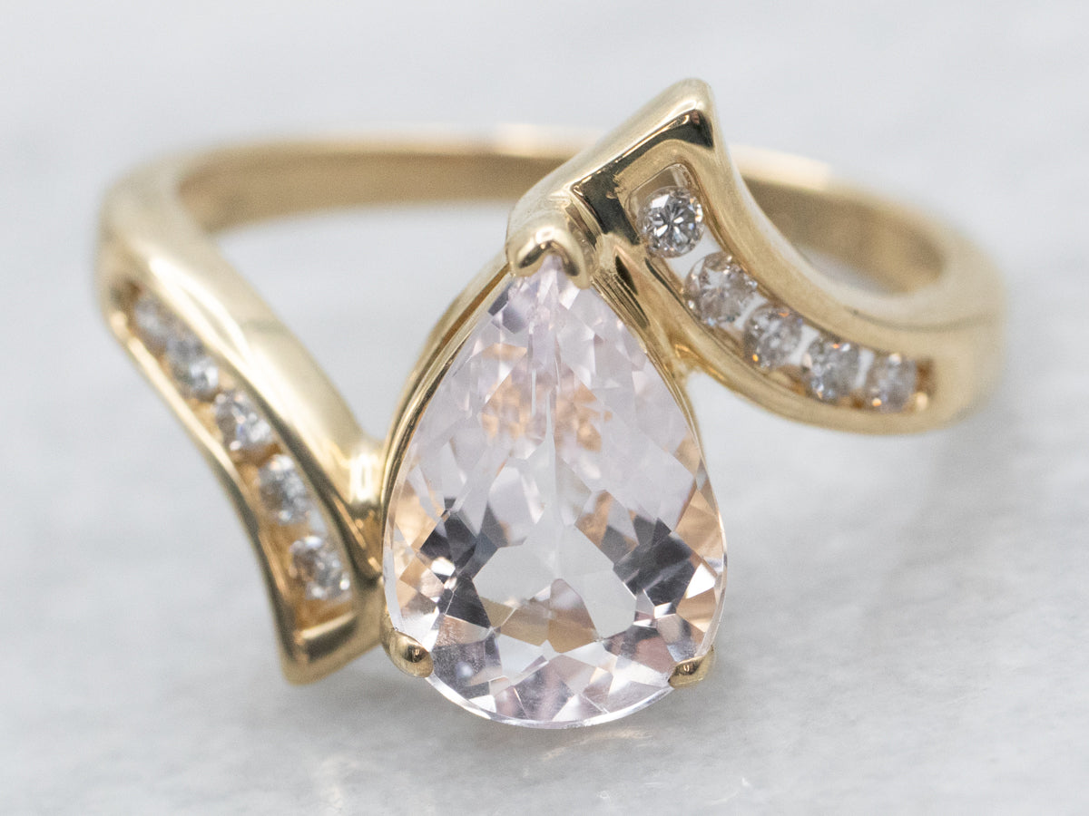 Pear Cut Morganite Bypass Ring with Diamond Shoulders
