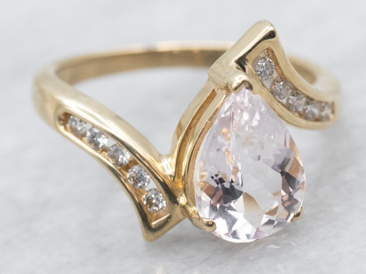 Pear Cut Morganite Bypass Ring with Diamond Shoulders