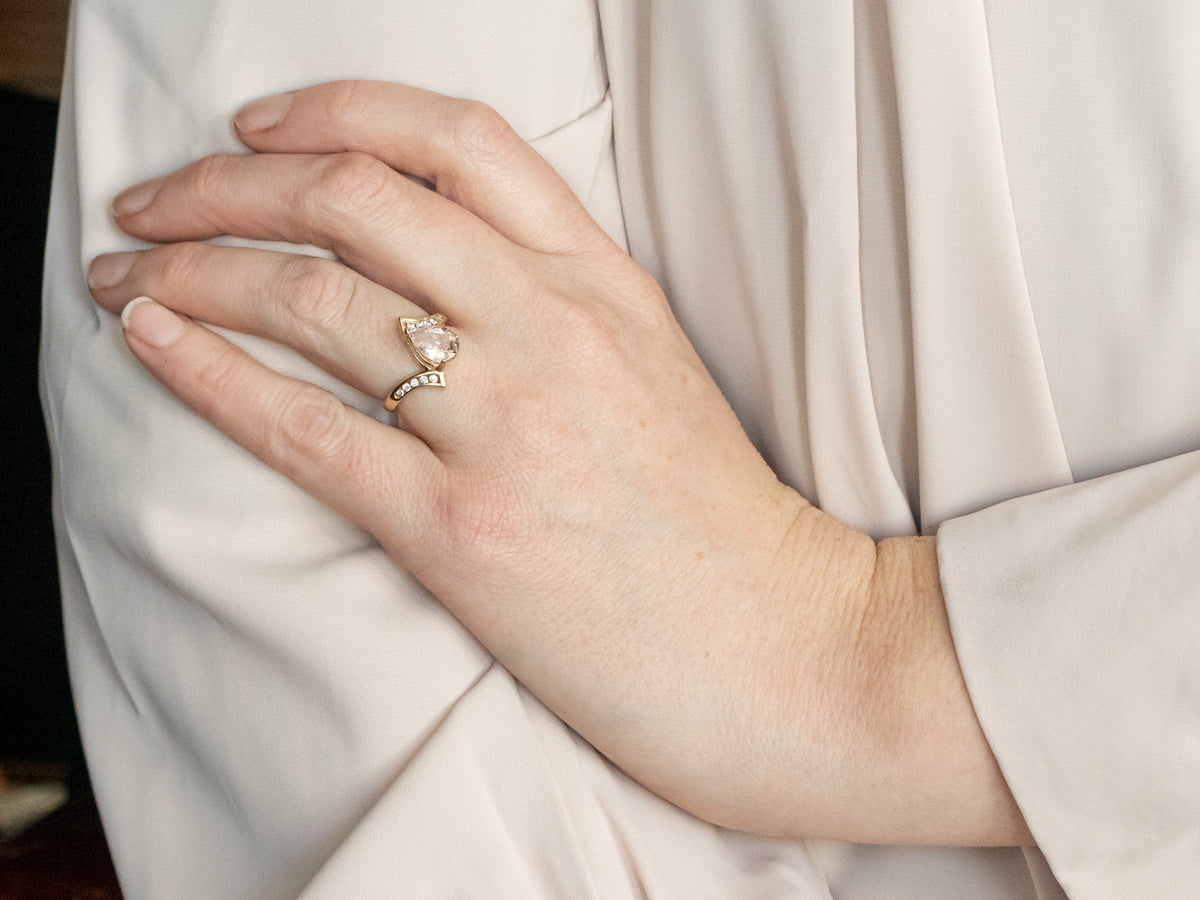 Pear Cut Morganite Bypass Ring with Diamond Shoulders