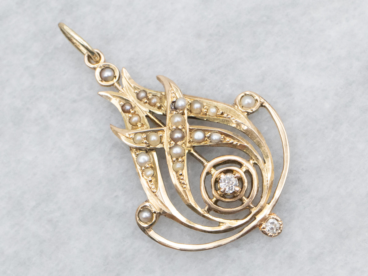 Old Mine Cut Diamond and Seed Pearl Lavalier Pendant