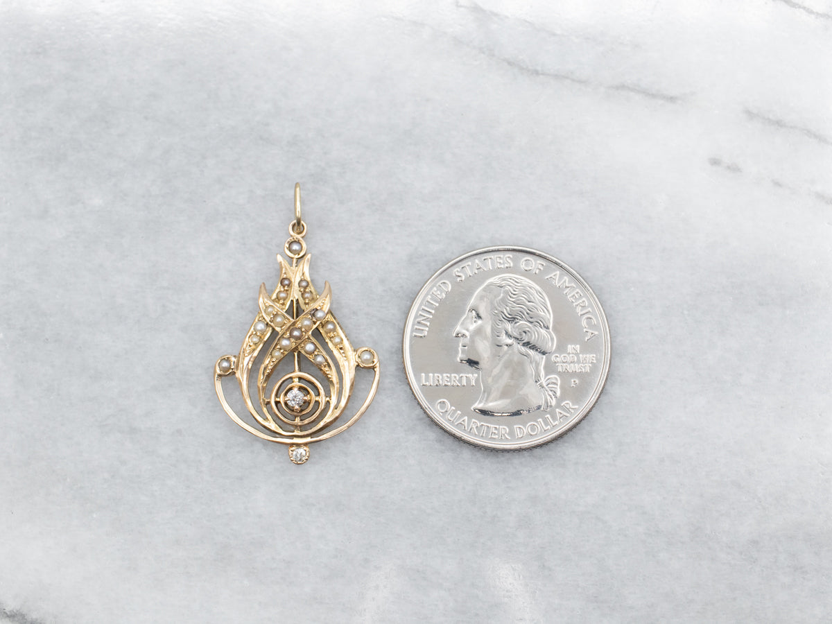 Old Mine Cut Diamond and Seed Pearl Lavalier Pendant