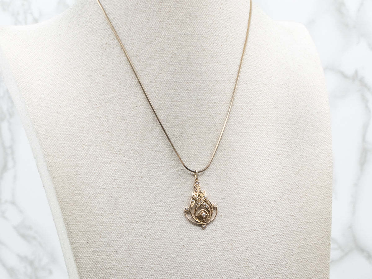 Old Mine Cut Diamond and Seed Pearl Lavalier Pendant