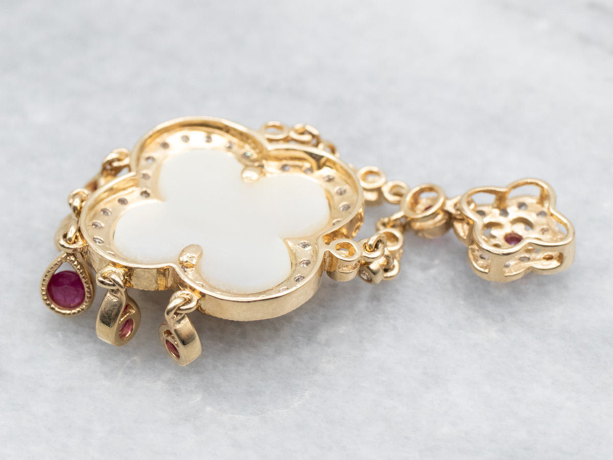 Floral Gold Diamond, Ruby, and Mother of Pearl Pendant