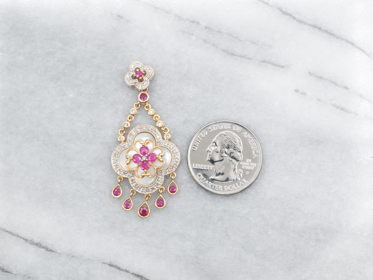 Floral Gold Diamond, Ruby, and Mother of Pearl Pendant