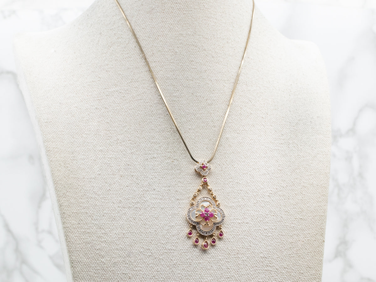 Floral Gold Diamond, Ruby, and Mother of Pearl Pendant