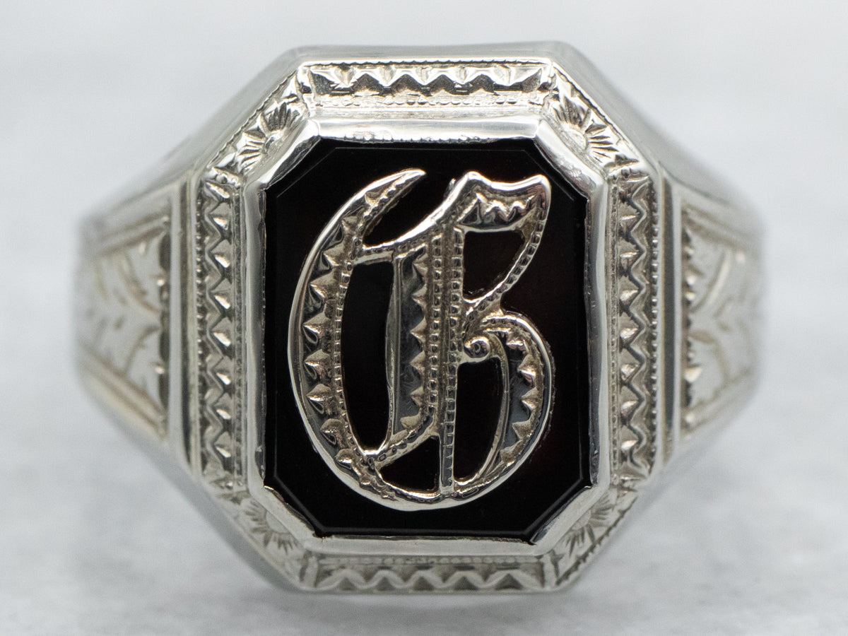 Anillo de sello con ónix negro antiguo "C" en inglés antiguo