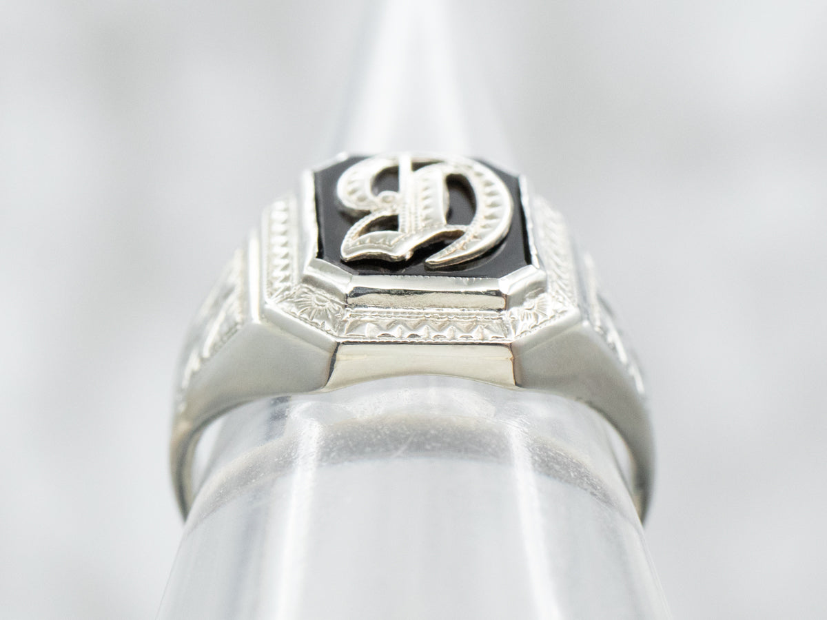 Anillo de sello con ónix negro antiguo "C" en inglés antiguo