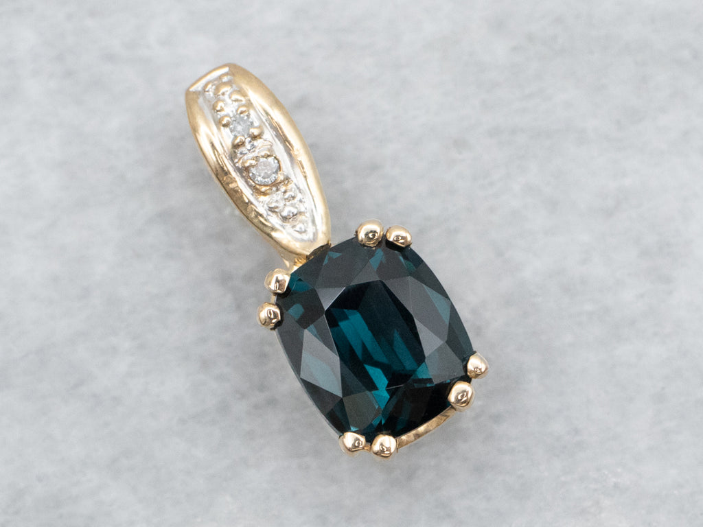 Cushion Cut Blue Spinel Pendant with Diamond Accents