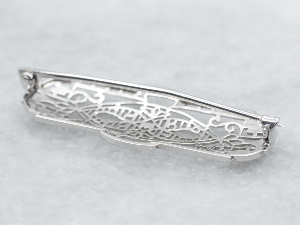 White Gold Art Deco Filigree Brooch