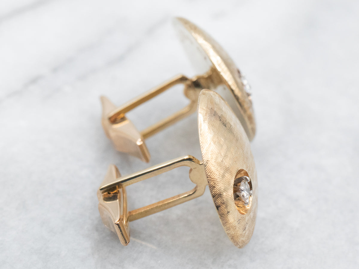 Yellow Gold Textured Cufflinks with Diamond Accent