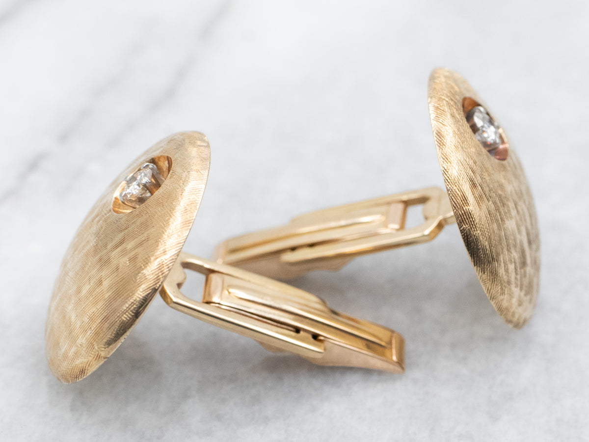 Yellow Gold Textured Cufflinks with Diamond Accent