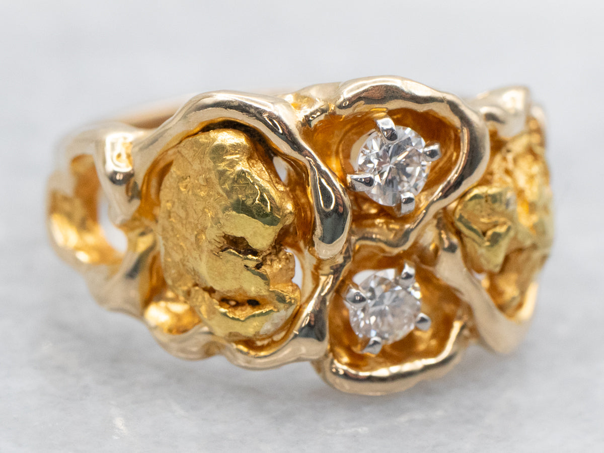 High Karat Gold Nugget and Diamond Ring