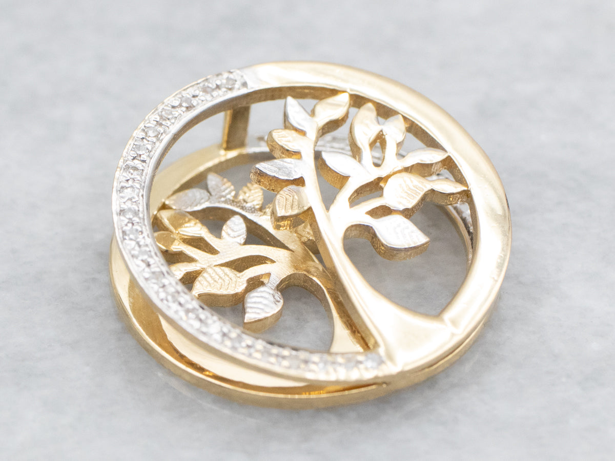 Modern Two Tone Gold Diamond Tree Slide Pendant