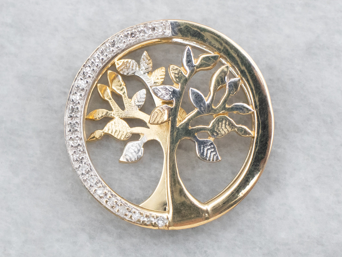Modern Two Tone Gold Diamond Tree Slide Pendant