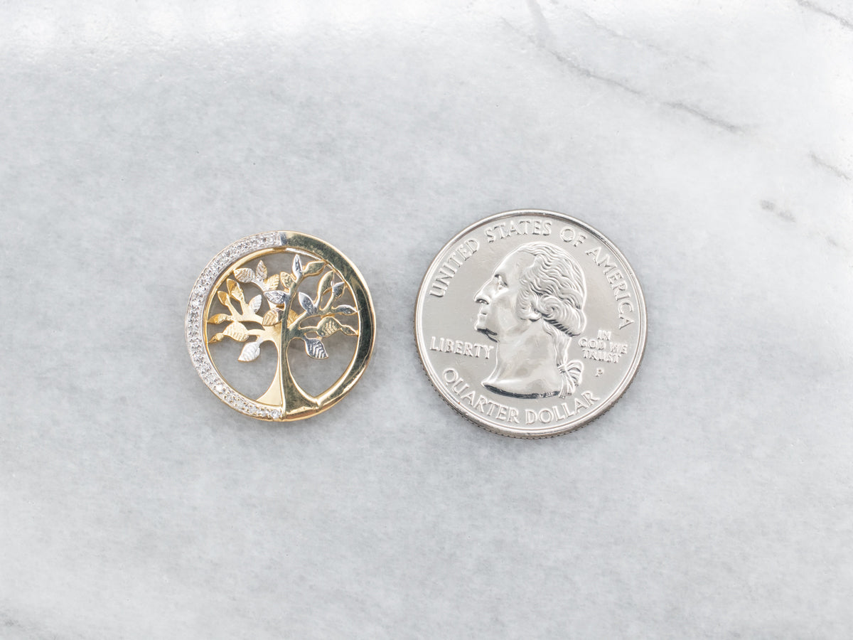 Modern Two Tone Gold Diamond Tree Slide Pendant