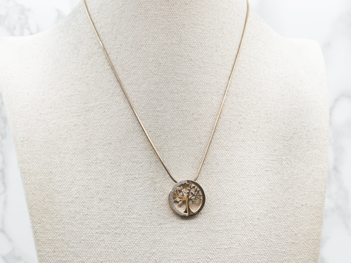 Modern Two Tone Gold Diamond Tree Slide Pendant
