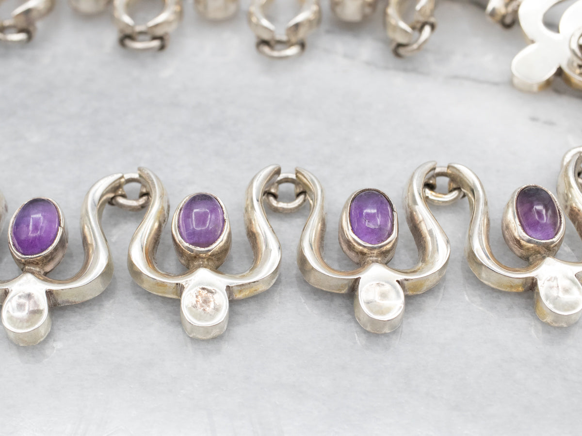 Sterling Silver Bold Amethyst Tulip-Link Collar Necklace
