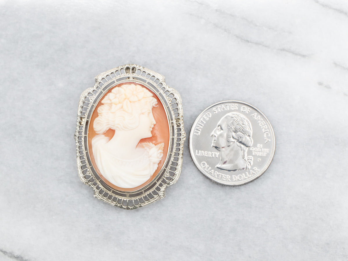 White Gold Filigree Cameo Brooch or Pendant