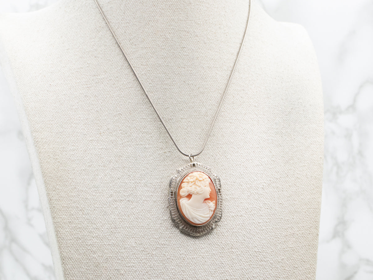 White Gold Filigree Cameo Brooch or Pendant