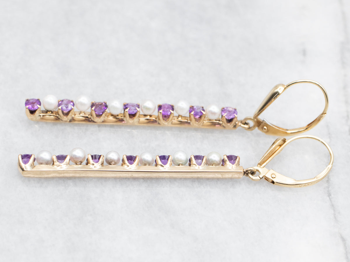 Amethyst and Pearl Bar Drop Earrings