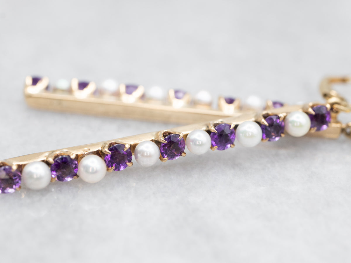 Amethyst and Pearl Bar Drop Earrings