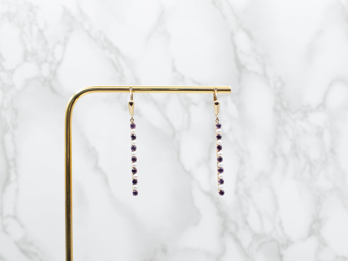 Amethyst and Pearl Bar Drop Earrings