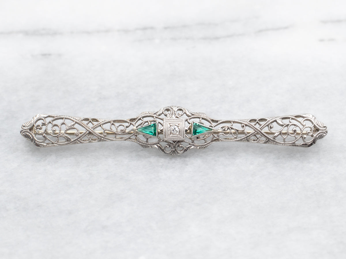 Art Deco Diamond and Green Glass Filigree Brooch