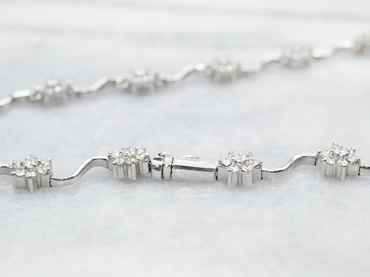 Swirling Diamond Flower Link Necklace