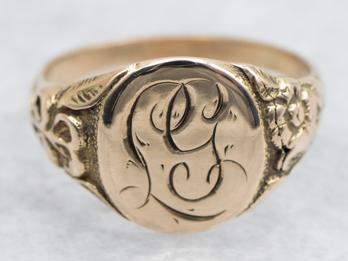 Yellow Gold "LG" Engraved Oval Signet Ring