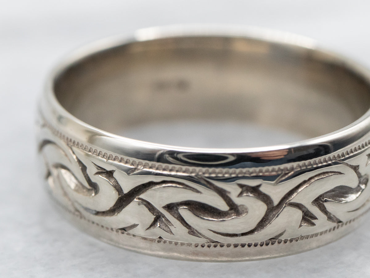 White Gold Scrolling Pattern Wedding Band