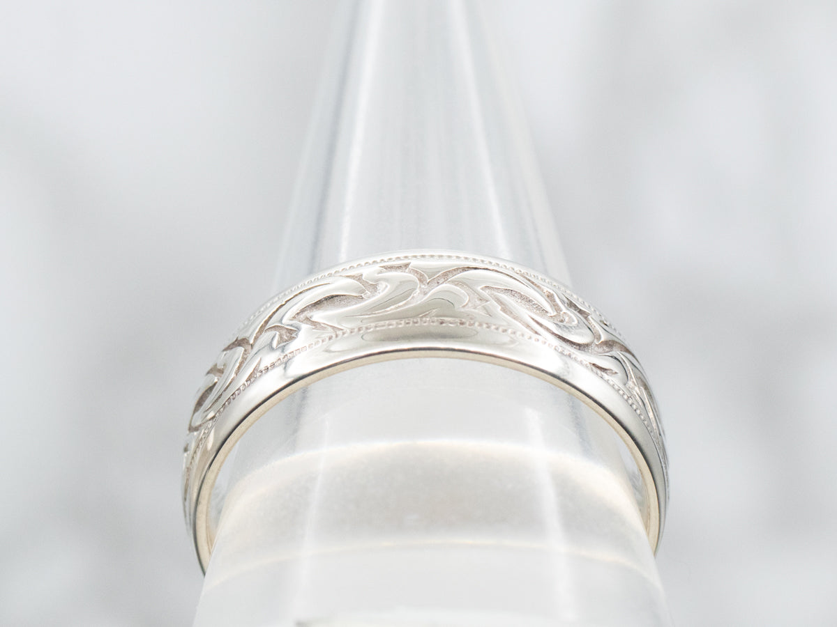 White Gold Scrolling Pattern Wedding Band