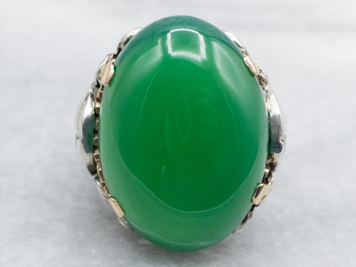 Anillo de ónix verde de talla ovalada de plata de ley y oro amarillo de metales mixtos