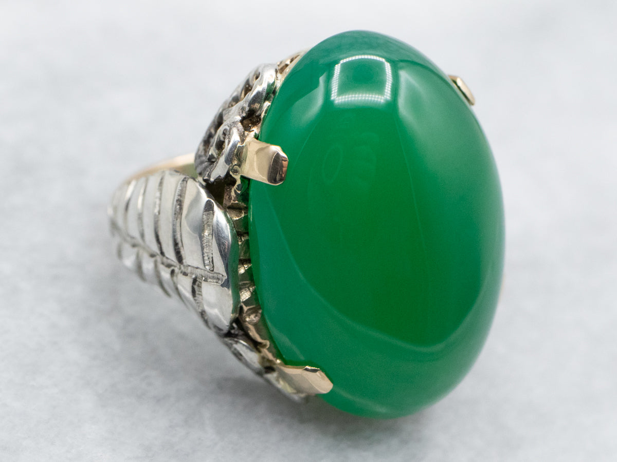 Anillo de ónix verde de talla ovalada de plata de ley y oro amarillo de metales mixtos