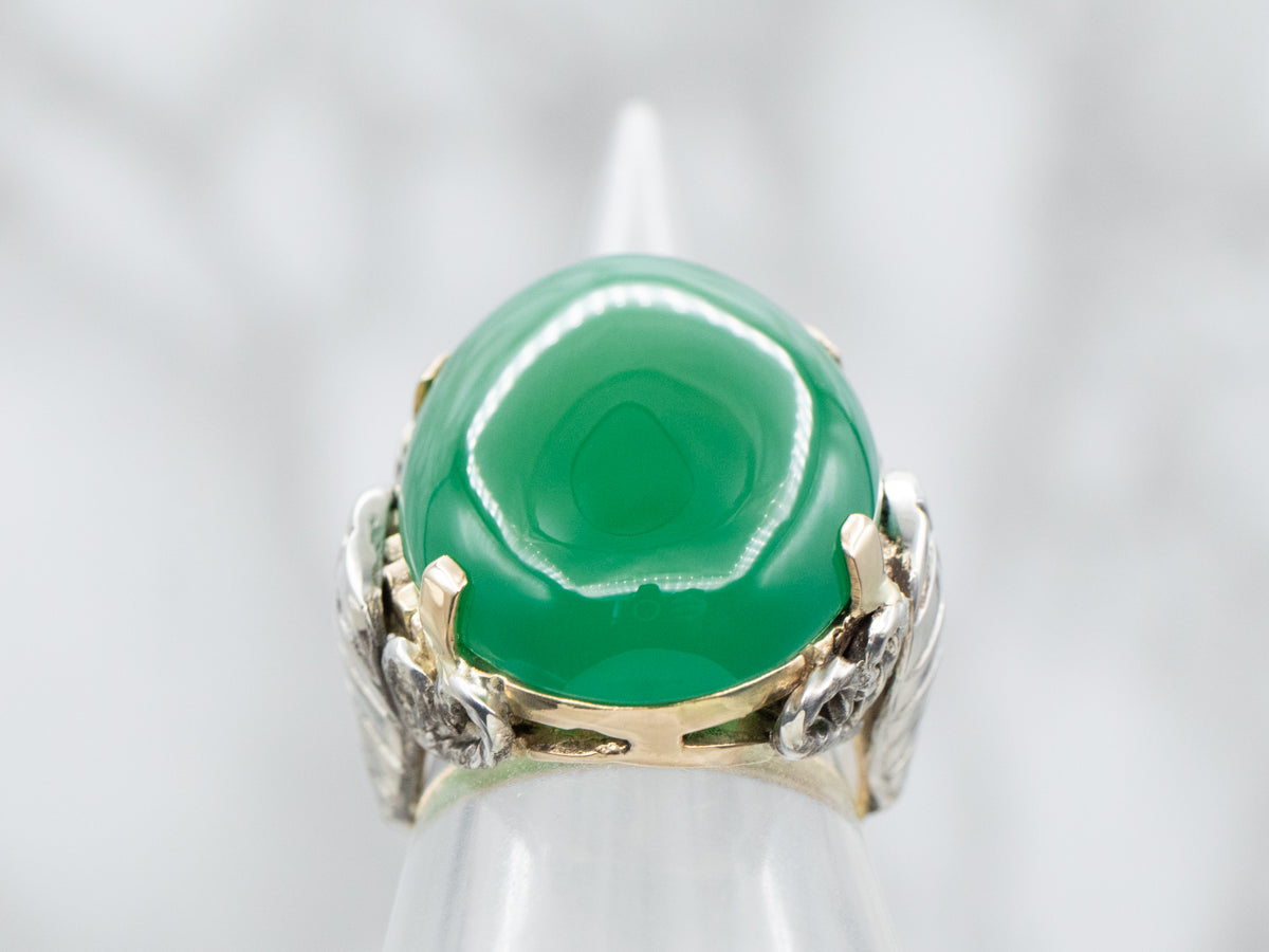 Anillo de ónix verde de talla ovalada de plata de ley y oro amarillo de metales mixtos