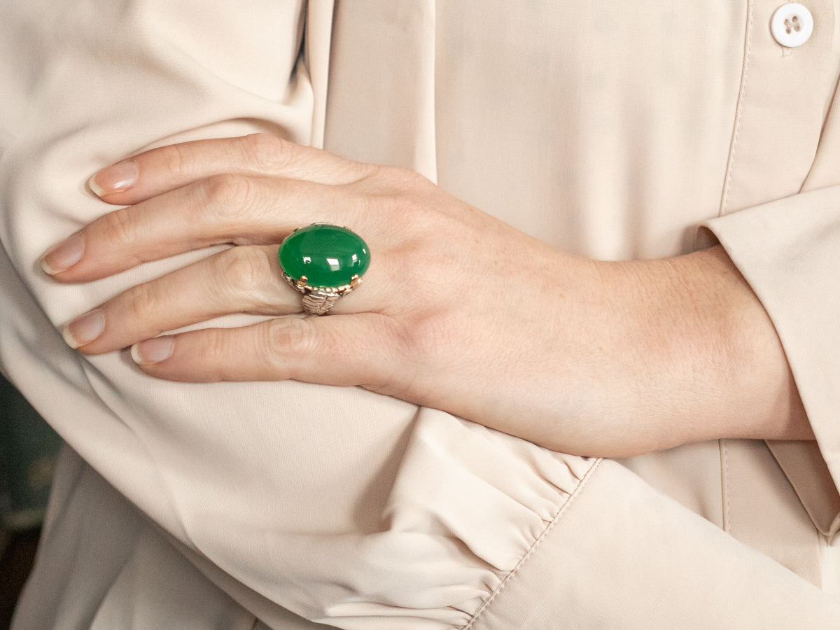 Anillo de ónix verde de talla ovalada de plata de ley y oro amarillo de metales mixtos