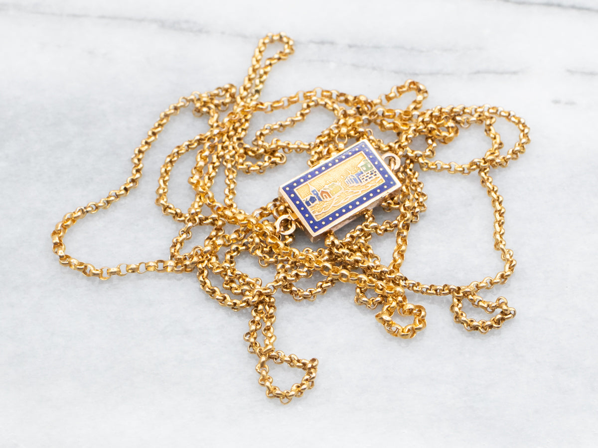 Long Antique Gold Sleepy Downtown Enamel Slide Pendant Necklace