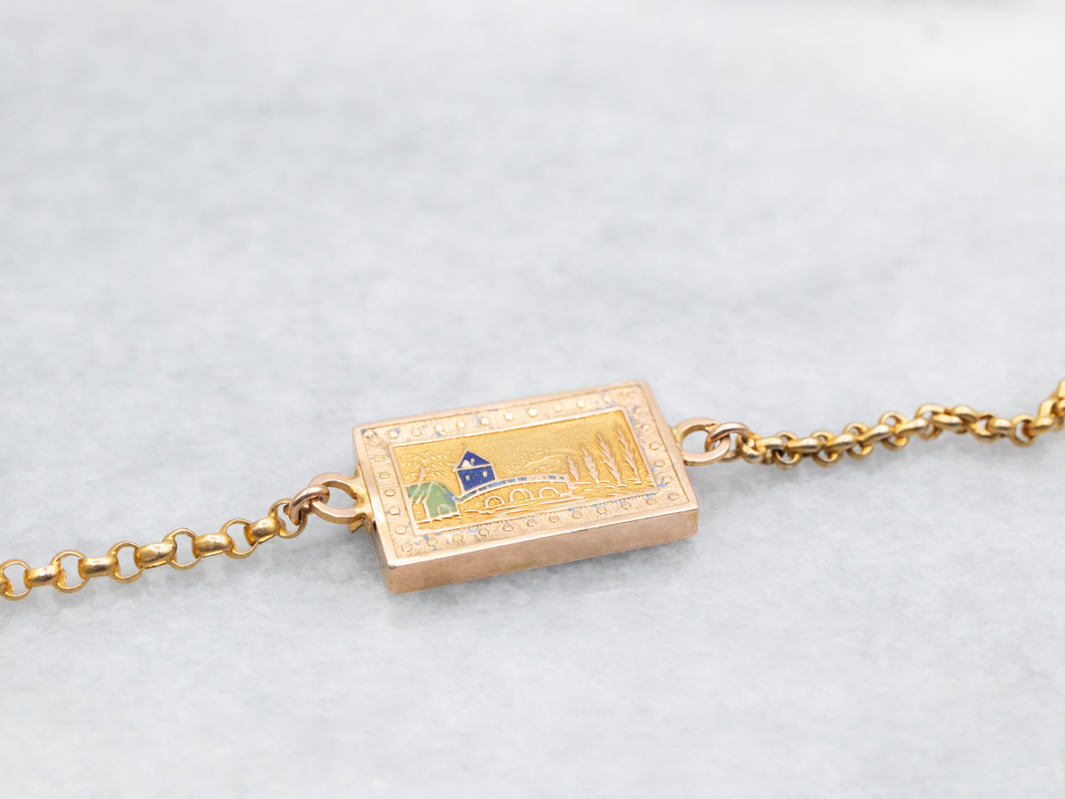 Long Antique Gold Sleepy Downtown Enamel Slide Pendant Necklace